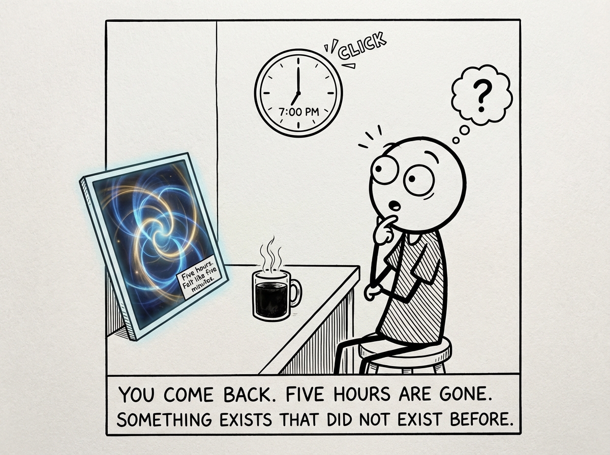 The stick figure blinks and looks up. The room has snapped back into existence. The clock on the wall now reads 7:00 PM. The coffee is ice cold. But on the desk in front of them is a completed, beautiful piece of art that glows faintly. The figure stares at it with a mixture of awe and confusion, as if they do not quite remember making it. A small label reads 'Five hours. Felt like five minutes.'