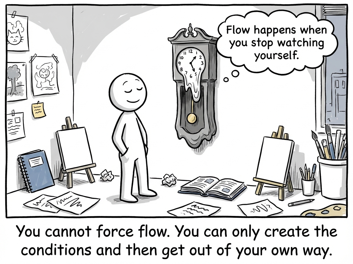 A stick figure looking at a melted clock on the wall with a peaceful expression, surrounded by creative work, with a label reading 'Flow happens when you stop watching yourself.'
