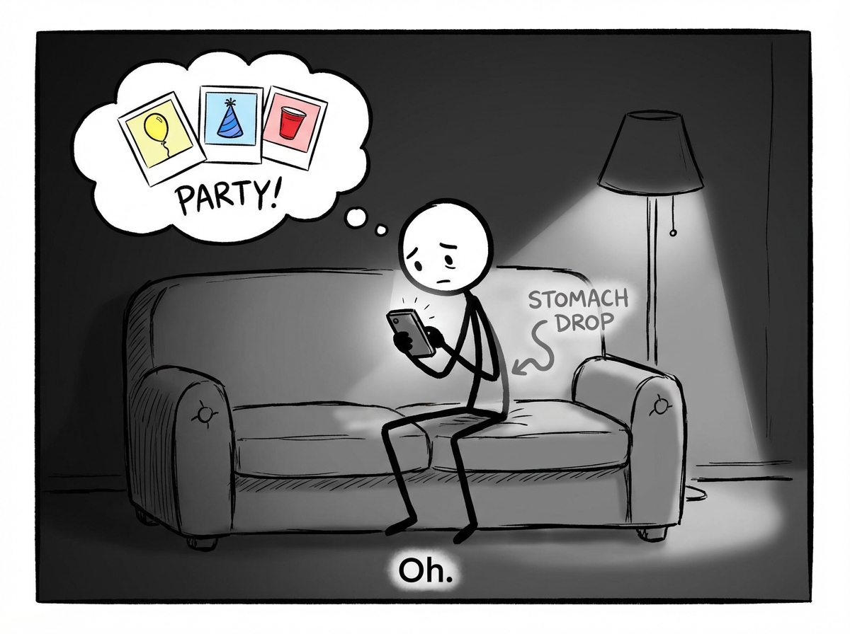 A stick figure scrolling through photos of a party they were not at, their stomach dropping, the evening they were enjoying now ruined