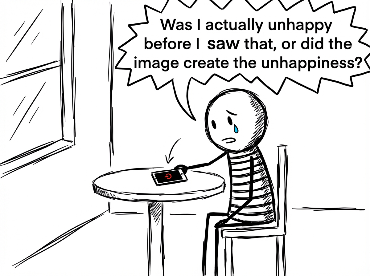 The stick figure putting the phone down and asking 'Was I actually unhappy before I saw that, or did the image create the unhappiness?'