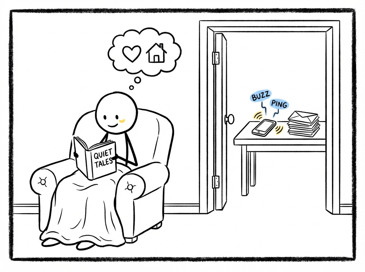 The stick figure choosing to stay home with a book, content and deliberate, while notifications buzz silently in another room