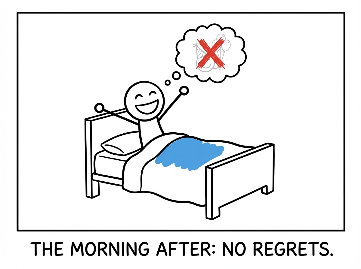 The stick figure waking up rested and satisfied with last night's choice, no regret, the party photos already irrelevant