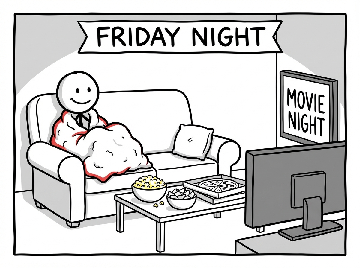 A stick figure on a couch with a movie playing, snacks on the coffee table, wrapped in a blanket with a content smile on a Friday night