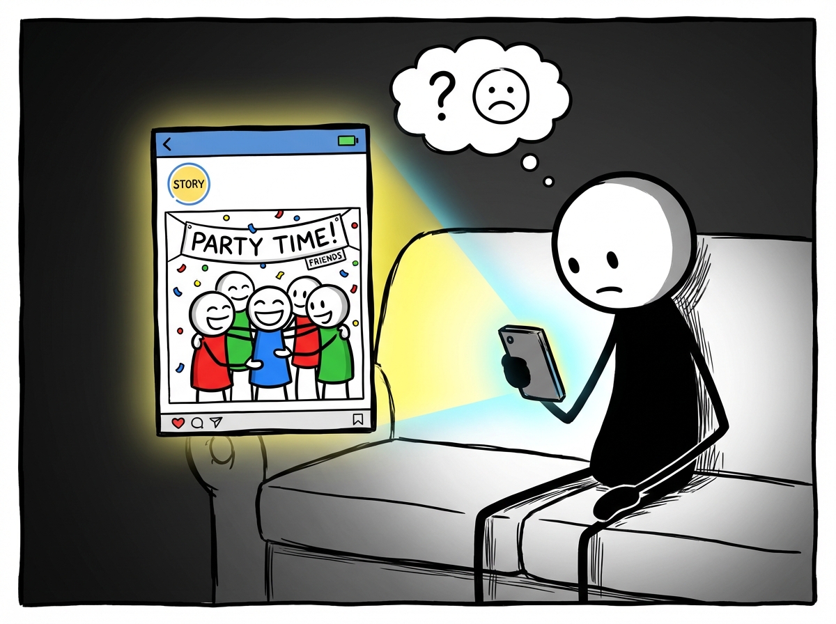 The stick figure's phone lighting up showing a social media story of friends at a party -- laughing, arms around each other, having a great time without them