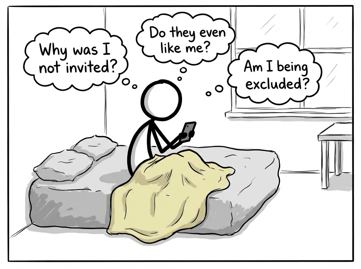 The stick figure now sitting upright with the blanket fallen, staring at the phone with thought bubbles reading 'Why was I not invited?' and 'Do they even like me?' and 'Am I being excluded?'