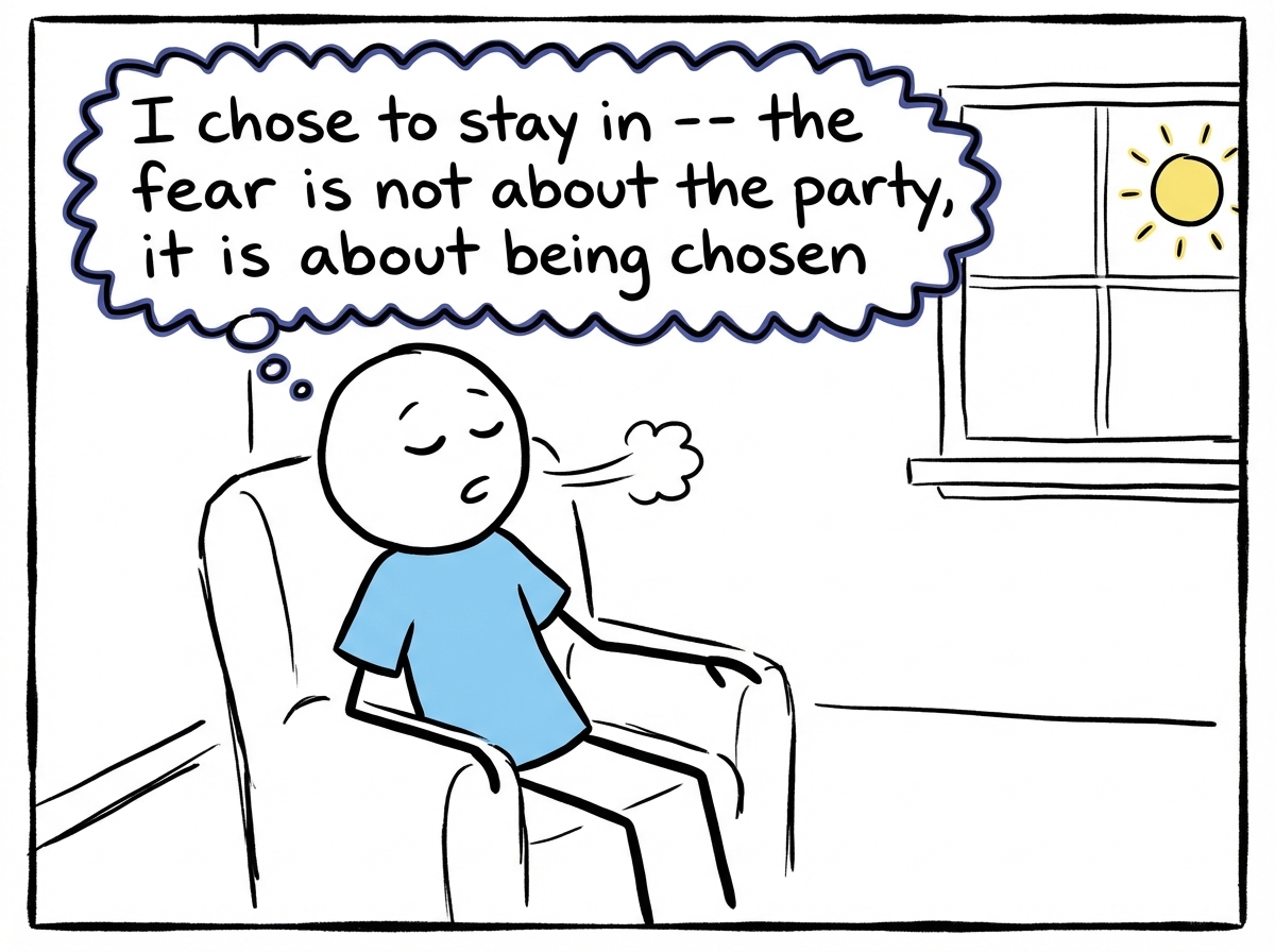 The stick figure taking a breath with a calmer expression, a thought bubble showing 'I chose to stay in -- the fear is not about the party, it is about being chosen'