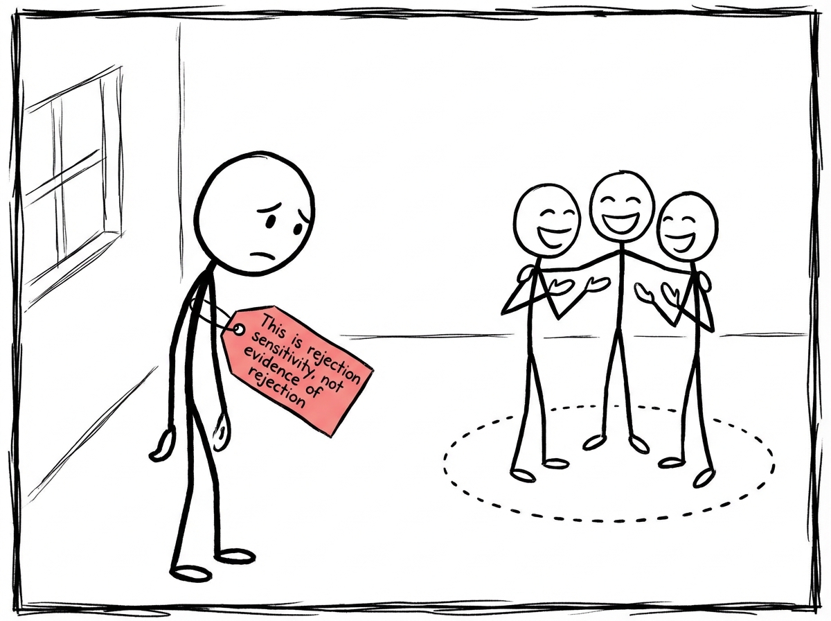 A stick figure feeling the sting of exclusion and labeling the feeling with a tag that says 'This is rejection sensitivity, not evidence of rejection'
