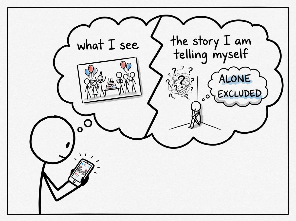 A stick figure looking at a phone screen showing a party photo, with a thought bubble separating 'what I see' from 'the story I am telling myself'