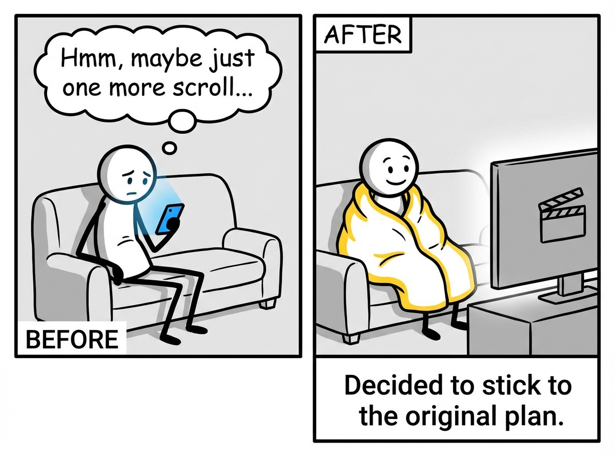 A stick figure putting down their phone and returning to their movie and blanket, choosing their original plan again