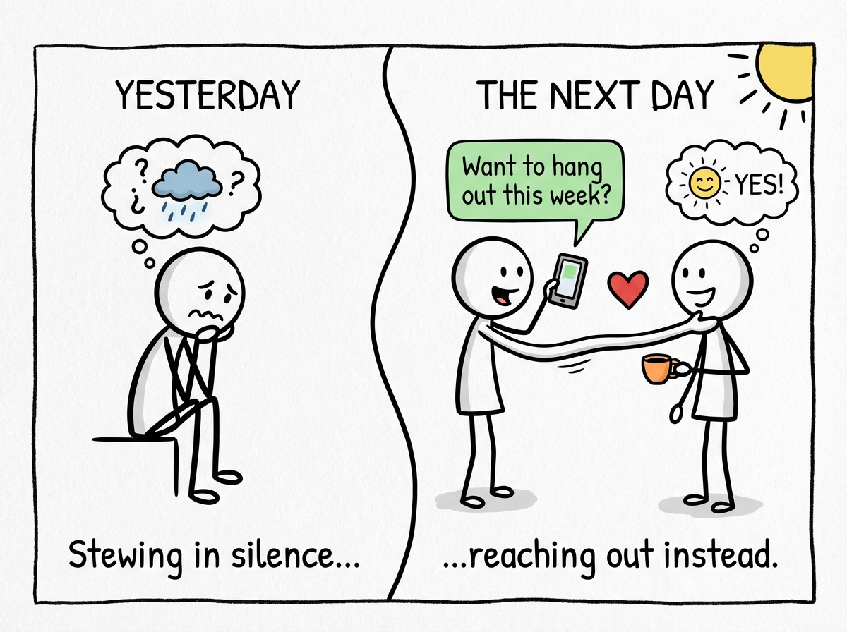 A stick figure reaching out to a friend the next day with a text saying 'Want to hang out this week?' instead of stewing in silence