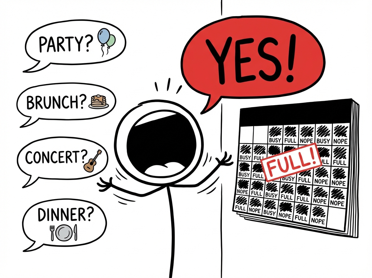 A stick figure enthusiastically saying 'Yes!' to four different invitations at once -- a party, a brunch, a concert, and a dinner -- calendar completely full