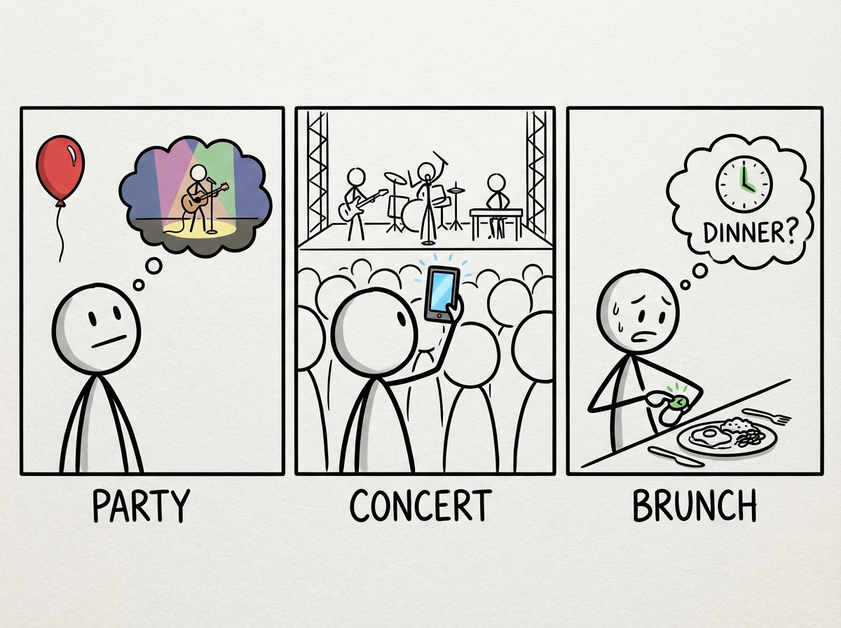 Three scenes: at the party thinking about the concert, at the concert posting a story on their phone, at brunch already anxiously checking the time for dinner