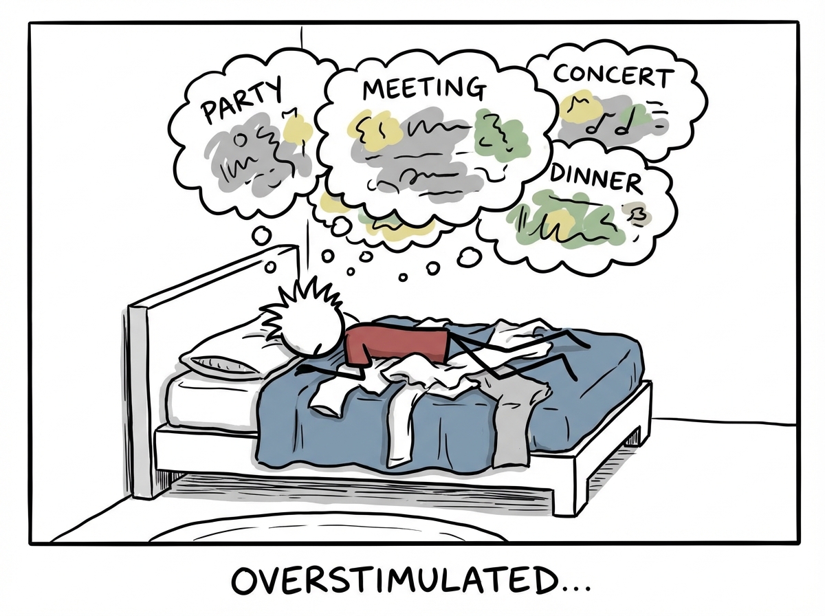 The stick figure collapsed on their bed fully clothed, overstimulated, with thought bubbles showing blurred fragments of all the events they attended but none clearly