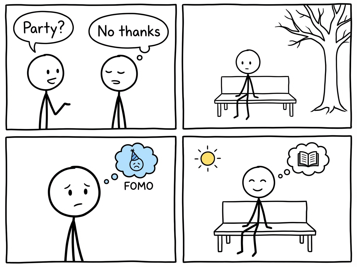 The stick figure calmly saying 'No thanks' to an invitation, then sitting alone on a bench in a park, feeling a small pang of FOMO but letting it pass with a gentle smile