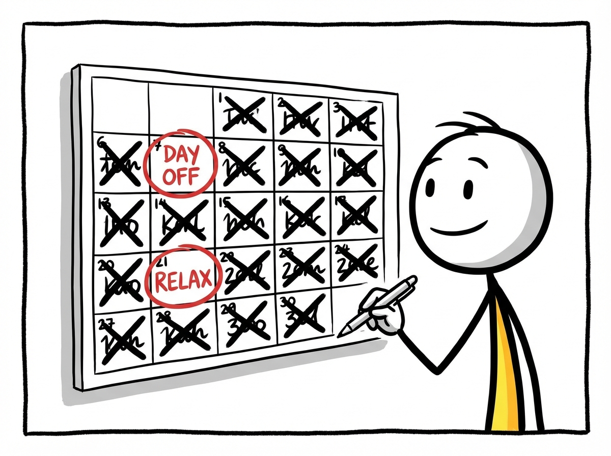 A stick figure looking at a packed calendar and circling just two events, crossing out the rest with a calm expression
