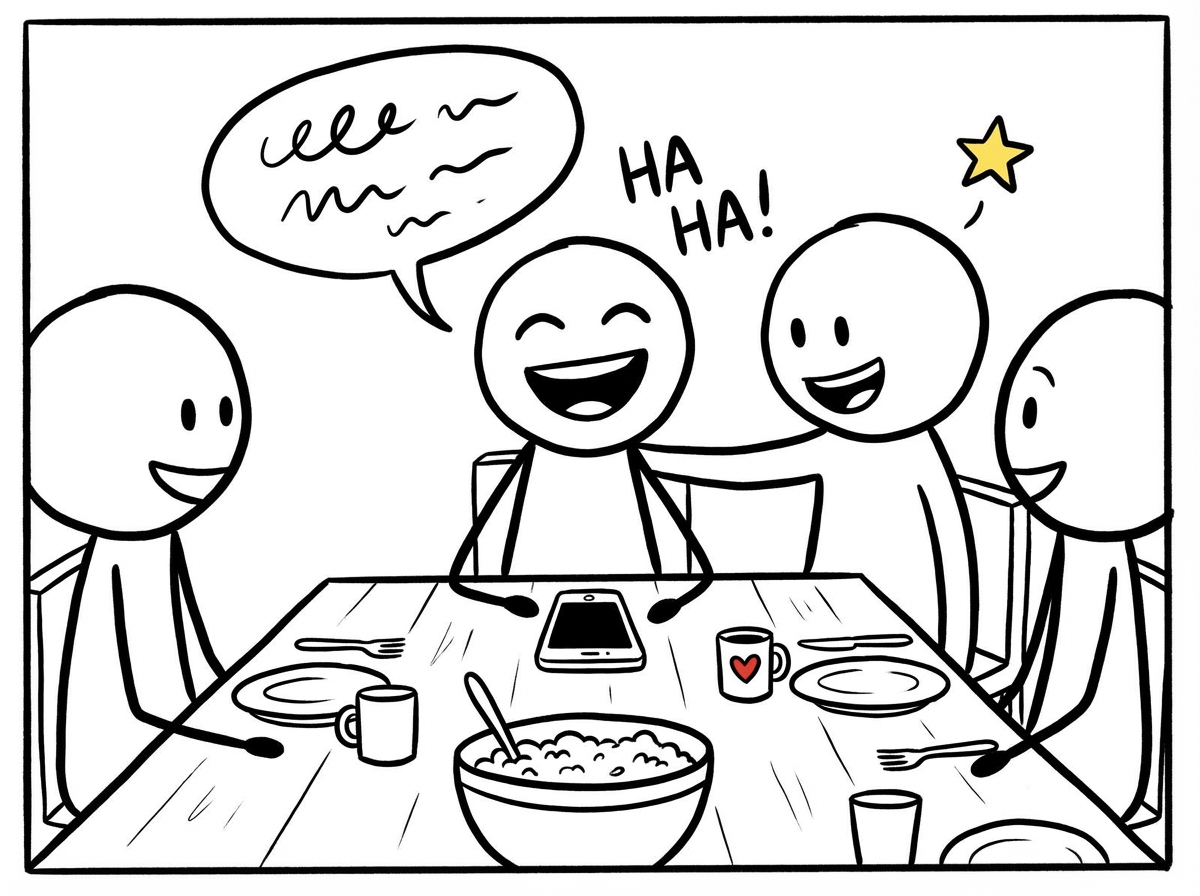 A stick figure at a dinner table with friends, phone face-down on the table, laughing and making eye contact