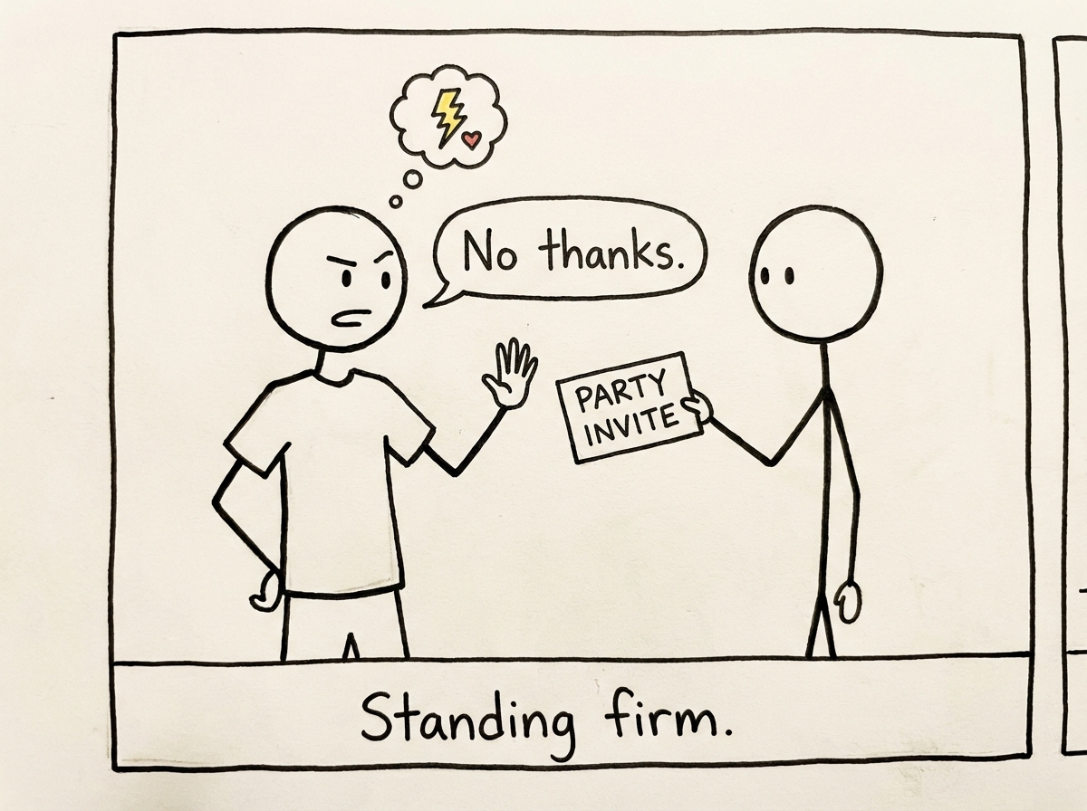 A stick figure saying 'No thanks' to an invitation with a small pang of FOMO shown as a tiny lightning bolt, but standing firm