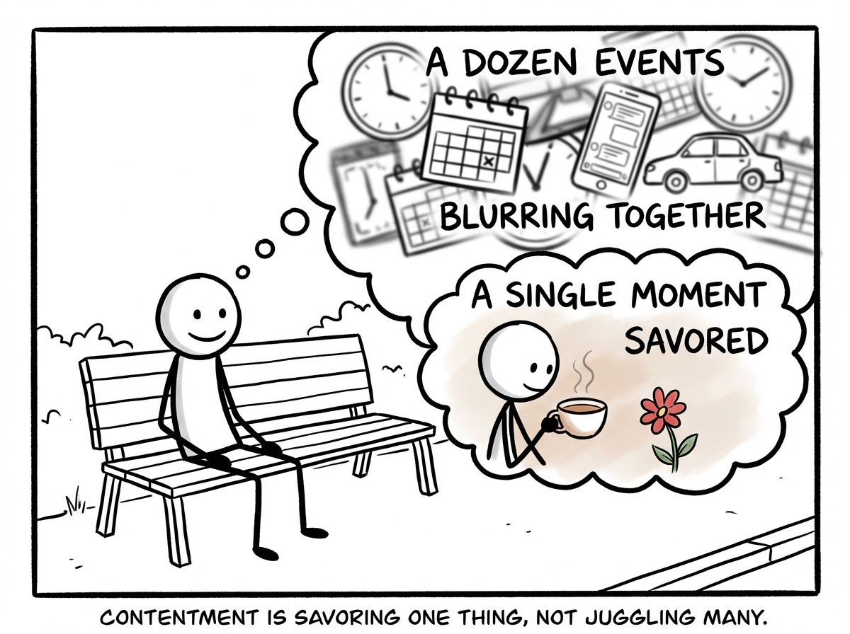 A stick figure sitting alone on a park bench looking content, with a thought bubble showing a single moment being savored instead of a dozen events blurring together
