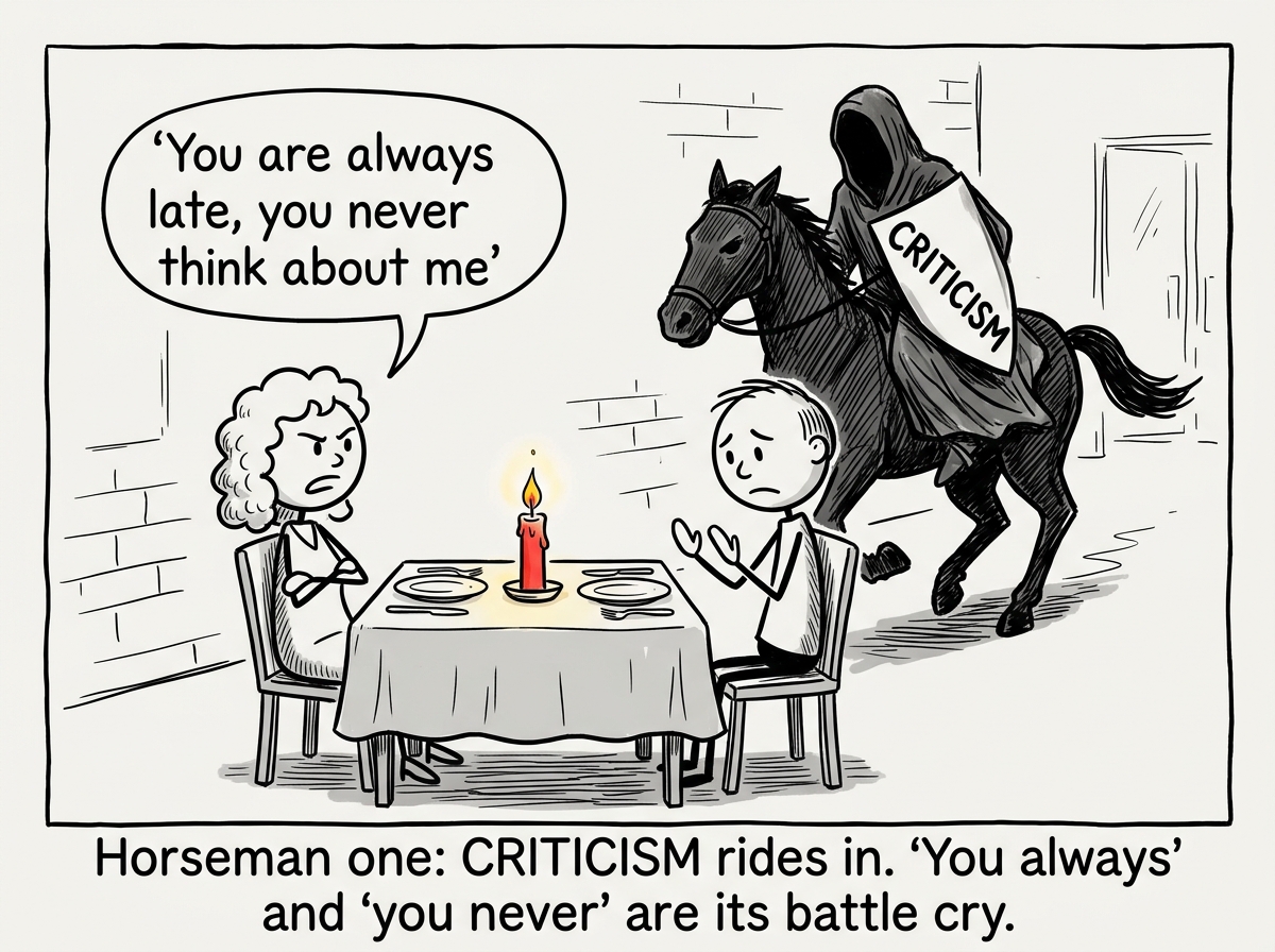 A couple at a candlelit dinner, one person saying 'You are always late, you never think about me' with a dark horseman labeled CRITICISM appearing behind them