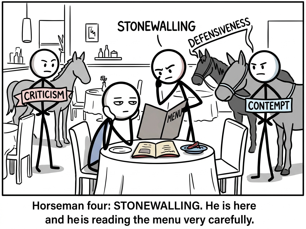 One person staring blankly at the menu, completely checked out, while the fourth horseman labeled STONEWALLING stands behind them. All four horsemen now surround the table