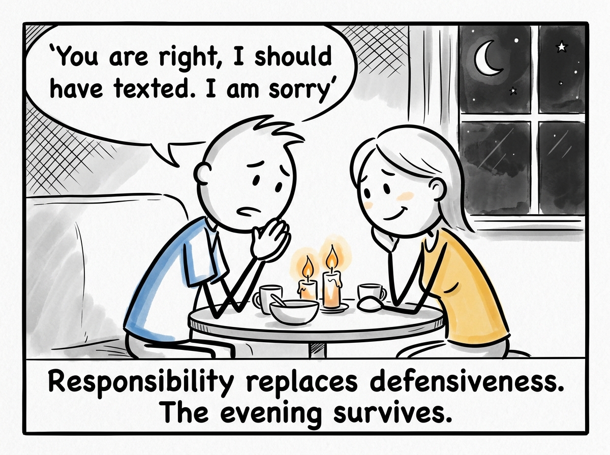 The partner saying 'You are right, I should have texted. I am sorry' — both leaning in, candles still lit, the evening recovering