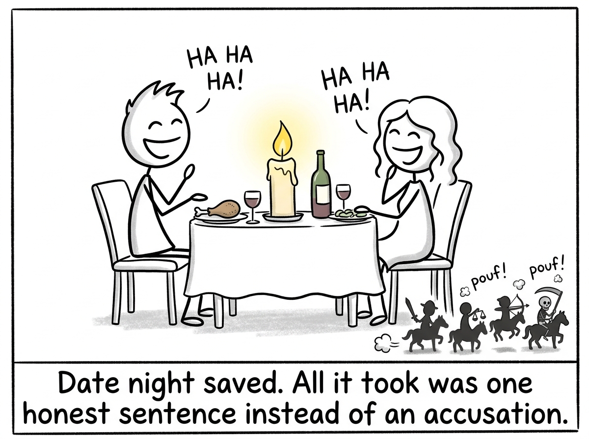 The couple laughing over dinner, the four horsemen shown as tiny shadows that never made it to the table