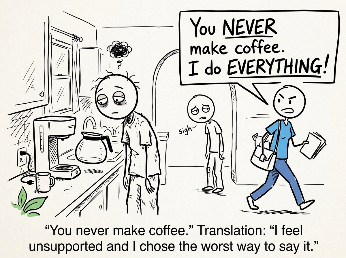 A tired person staring at an empty coffee maker while their partner walks by, a speech bubble showing criticism: 'You NEVER make coffee. I do EVERYTHING'