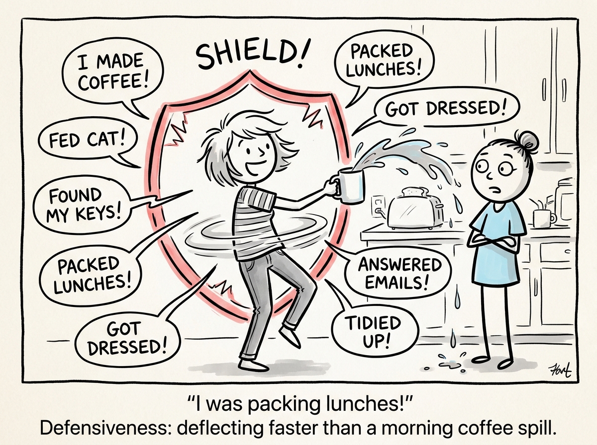The partner spinning around defensively with coffee splashing, listing all the things they did this morning while a shield icon appears