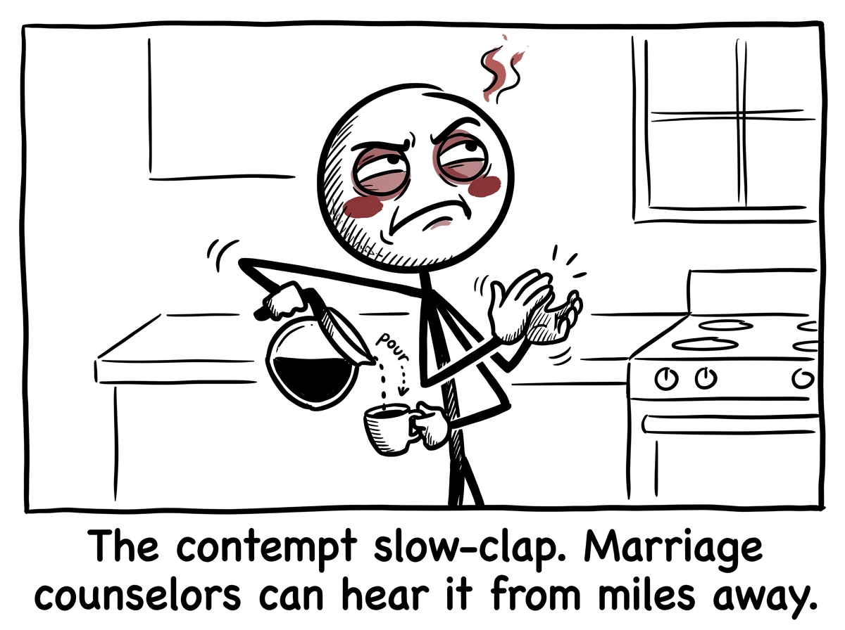 One person doing an exaggerated eye-roll and slow-clapping while miming making coffee with dramatic sarcasm, contempt oozing from every gesture