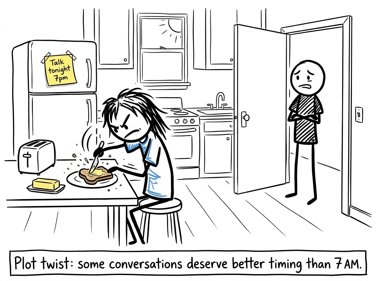 One person buttering toast in aggressive silence, not looking up, while the other stands in the kitchen doorway. A small note on the fridge reads 'Talk tonight 7pm'