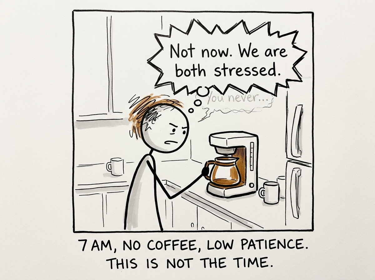 A stick figure staring at an empty coffee maker, feeling the surge of 'You never...' rising, but catching it with a thought bubble: 'Not now. We are both stressed'
