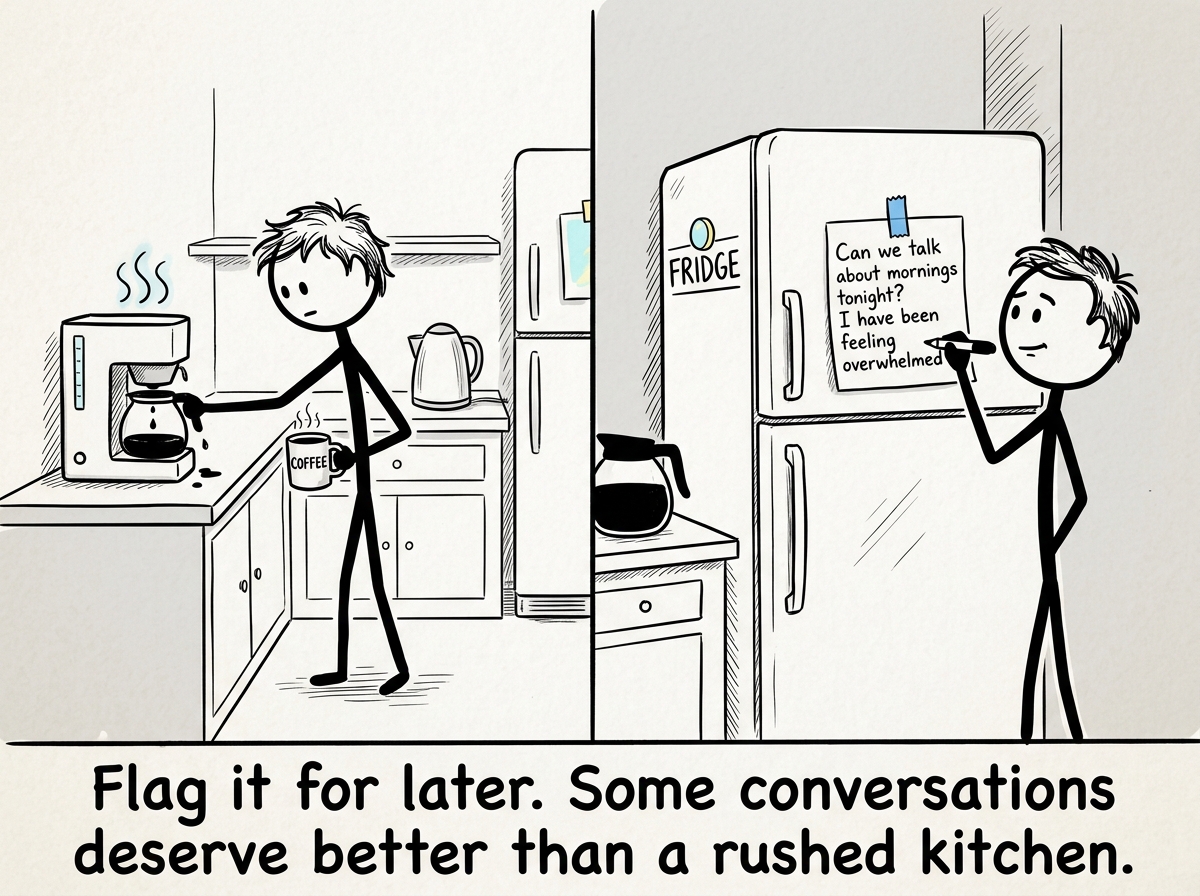 The stick figure making their own coffee and putting a note on the fridge: 'Can we talk about mornings tonight? I have been feeling overwhelmed'