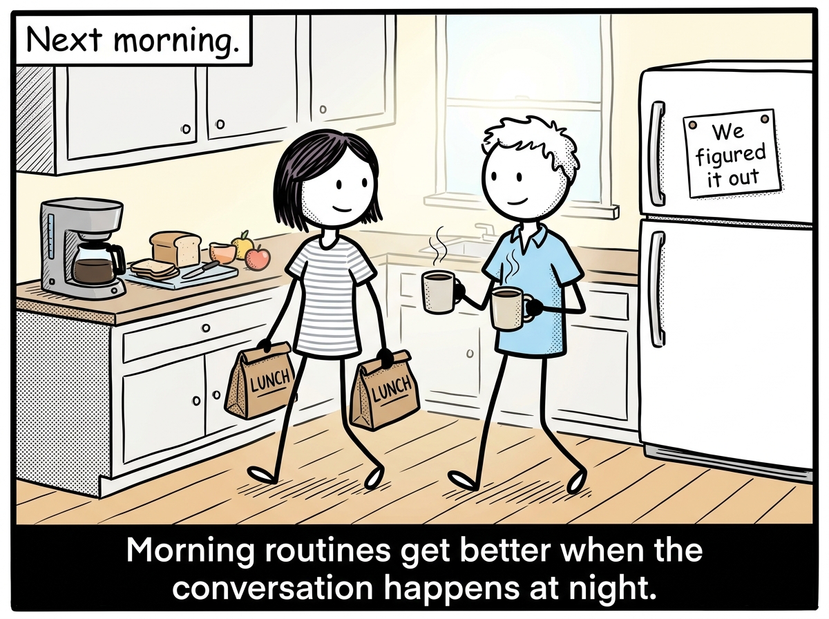 The next morning, both figures moving through the kitchen together, coffee made, lunches packed, a small sign on the fridge reading 'We figured it out'