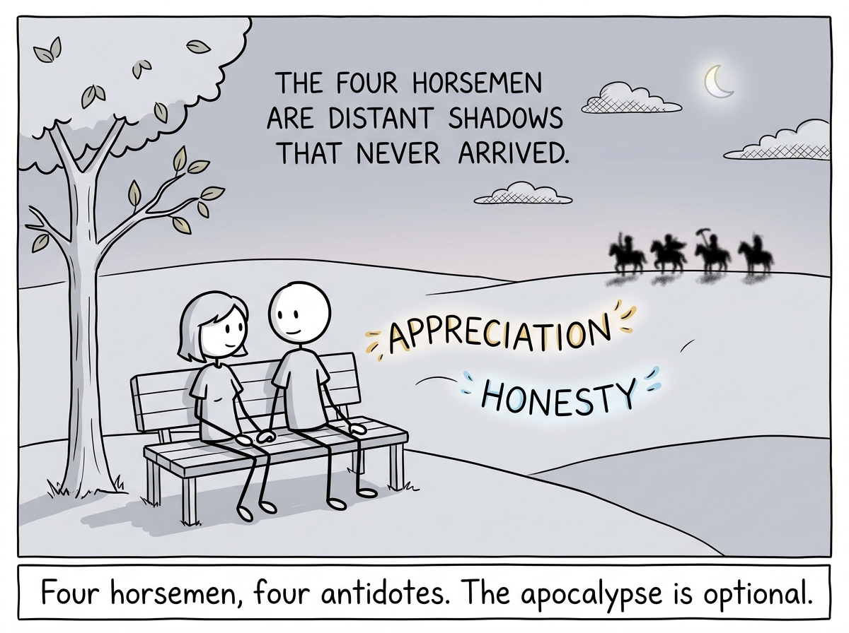 The couple sitting together calmly, the four horsemen shown as distant shadows that never arrived, replaced by appreciation and honesty