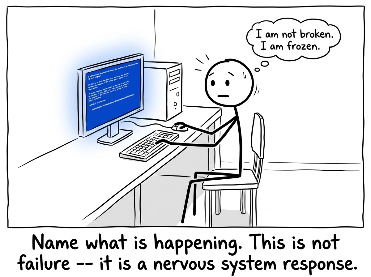 A stick figure frozen at a desk, recognizing the blue screen state, a small thought bubble reading 'I am not broken. I am frozen.'