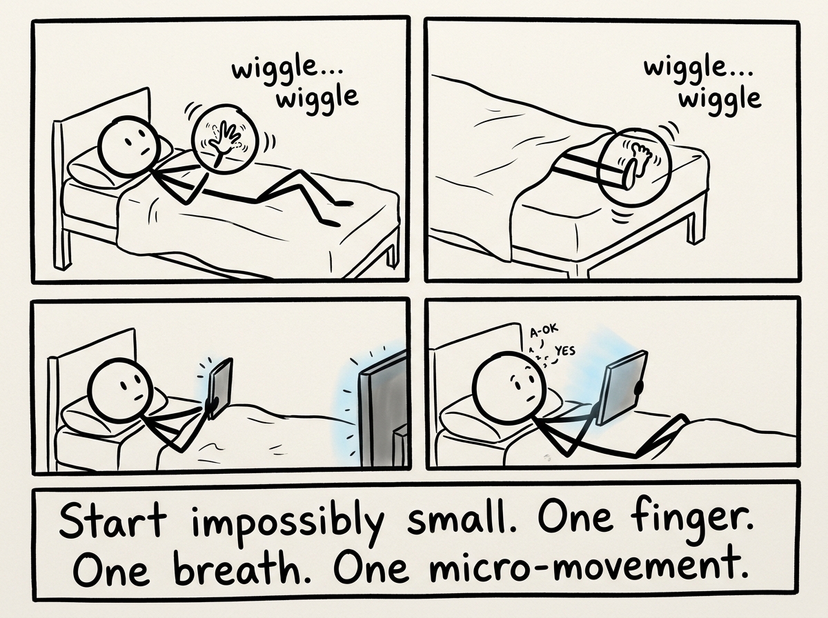 A stick figure wiggling their fingers slowly, then their toes, the blue screen beginning to flicker with tiny signs of life.