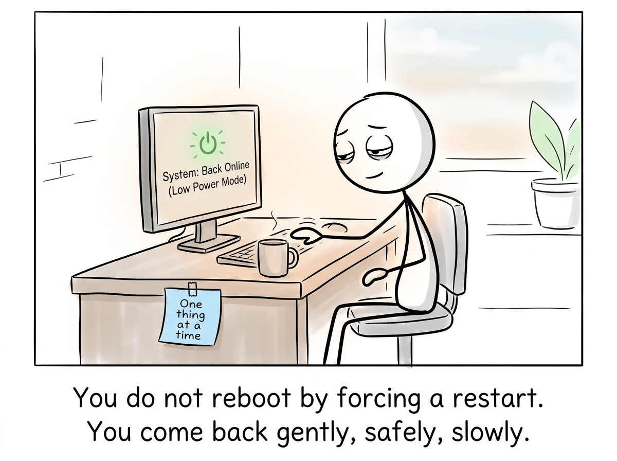 A stick figure at their desk again, moving slowly and gently, a sticky note reading 'One thing at a time,' the system back online at low power.