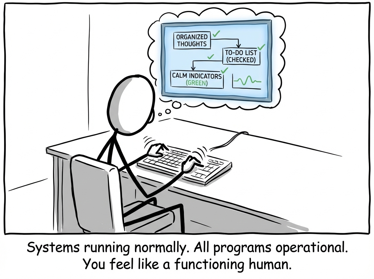 A stick figure sitting at a desk with a normal, functioning 'brain screen' displayed above their head showing organized thoughts, a to-do list, and calm status indicators. Everything is running smoothly. The figure is typing and focused