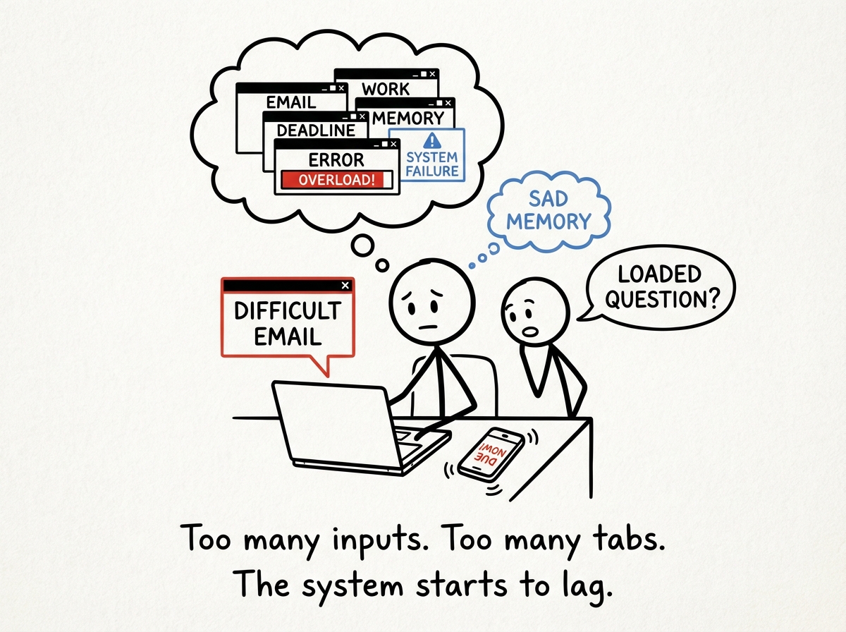 The figure receives multiple inputs at once: a difficult email pops up, a coworker asks a loaded question, a deadline notification flashes, and an emotional memory surfaces. The brain screen above their head starts glitching -- windows multiplying, progress bars freezing, error messages appearing