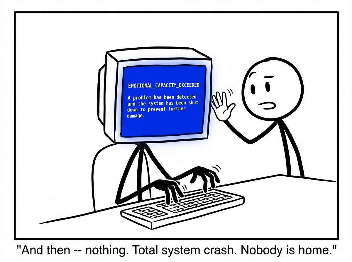 The figure has gone completely still. Their brain screen has been replaced by a full blue screen of death reading 'EMOTIONAL_CAPACITY_EXCEEDED. A problem has been detected and the system has been shut down to prevent further damage. Error code: 0xTOO_MUCH.' The figure's hands hover frozen above the keyboard. A coworker waves a hand in front of their face with no response