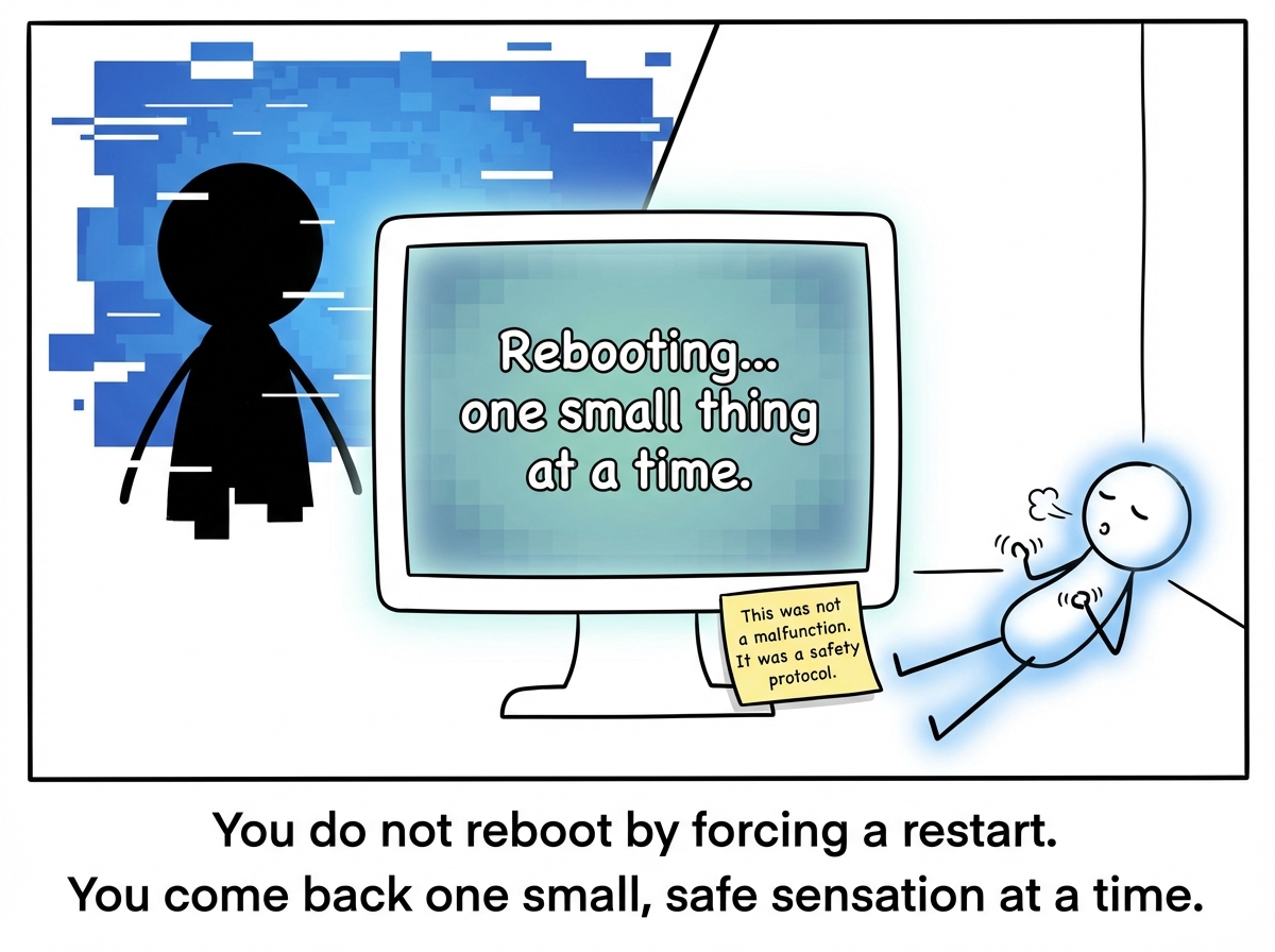 The figure is slowly coming back online. The blue screen is fading and being replaced by a simple, gentle startup screen that reads 'Rebooting... one small thing at a time.' The figure wiggles their fingers first, then takes a breath. A sticky note on the monitor reads 'This was not a malfunction. It was a safety protocol'