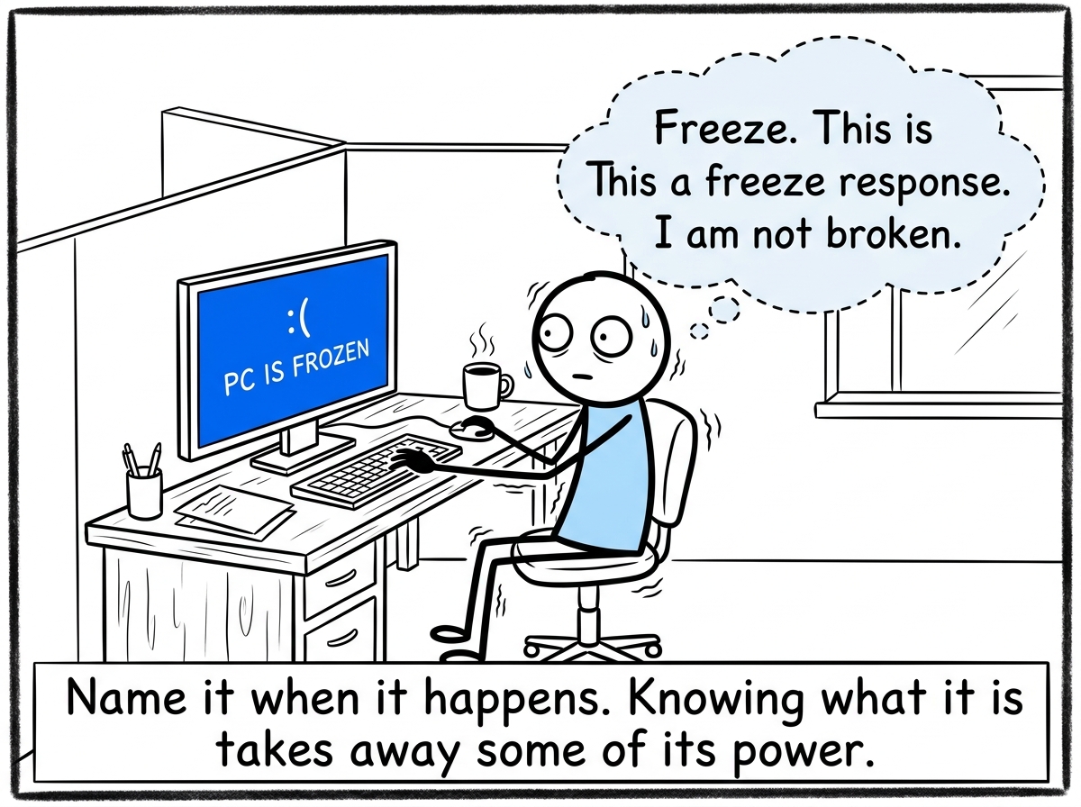 A stick figure frozen at their desk, recognizing the blue screen, a gentle thought bubble reading 'Freeze. This is a freeze response. I am not broken.'