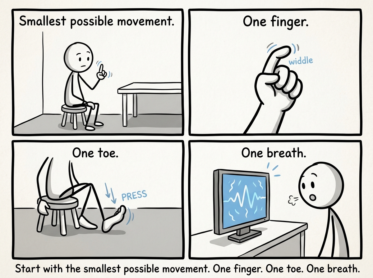 A stick figure slowly wiggling one finger, then pressing their feet into the floor, the blue screen flickering with signs of life.