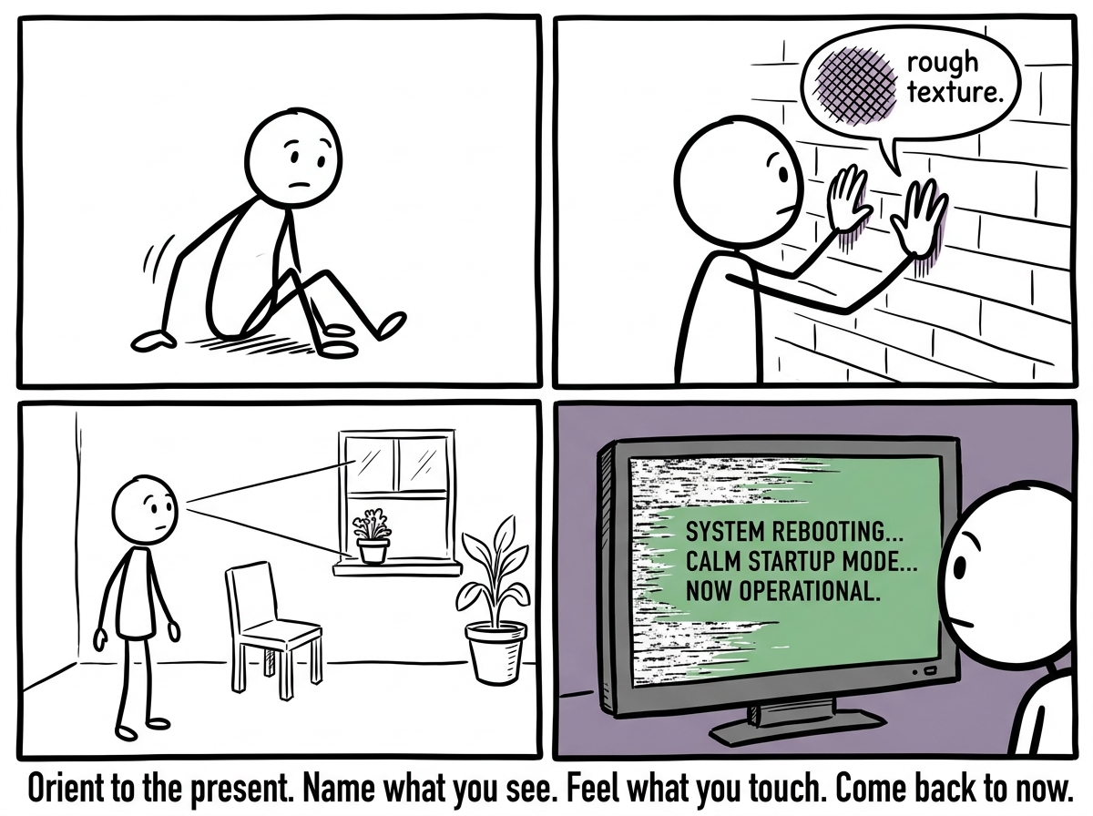 A stick figure standing up and touching the wall, feeling its texture, looking around the room, the screen rebooting to a calm startup mode.