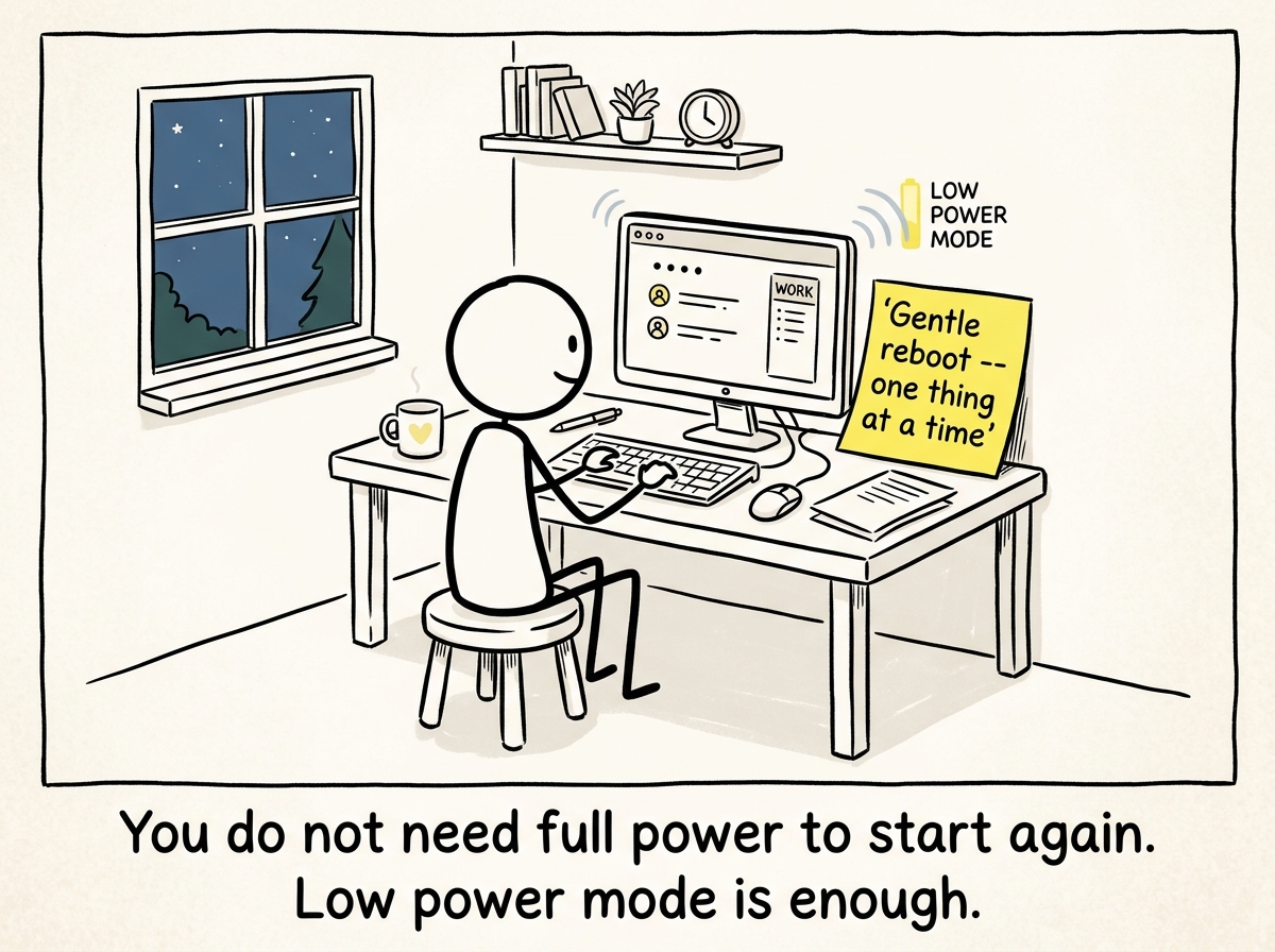 A stick figure back at the desk, doing one small task, a sticky note reading 'Gentle reboot -- one thing at a time,' the system running at low power.