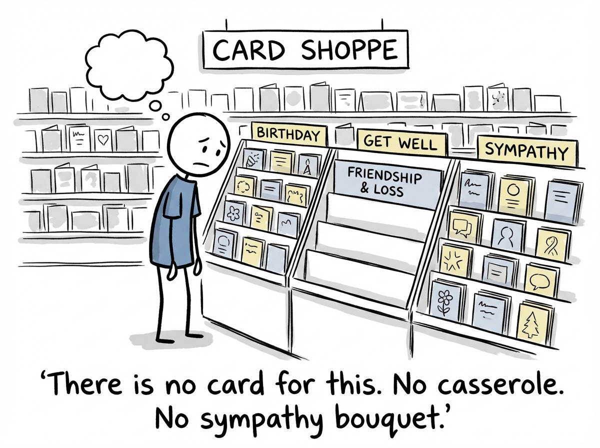A stick figure standing in a greeting card store aisle, scanning the shelves. Sections labeled 'Sympathy,' 'Breakup,' and 'Get Well' are fully stocked, but a gap on the shelf where 'Friendship Loss' should be is completely empty with a cobweb across it.
