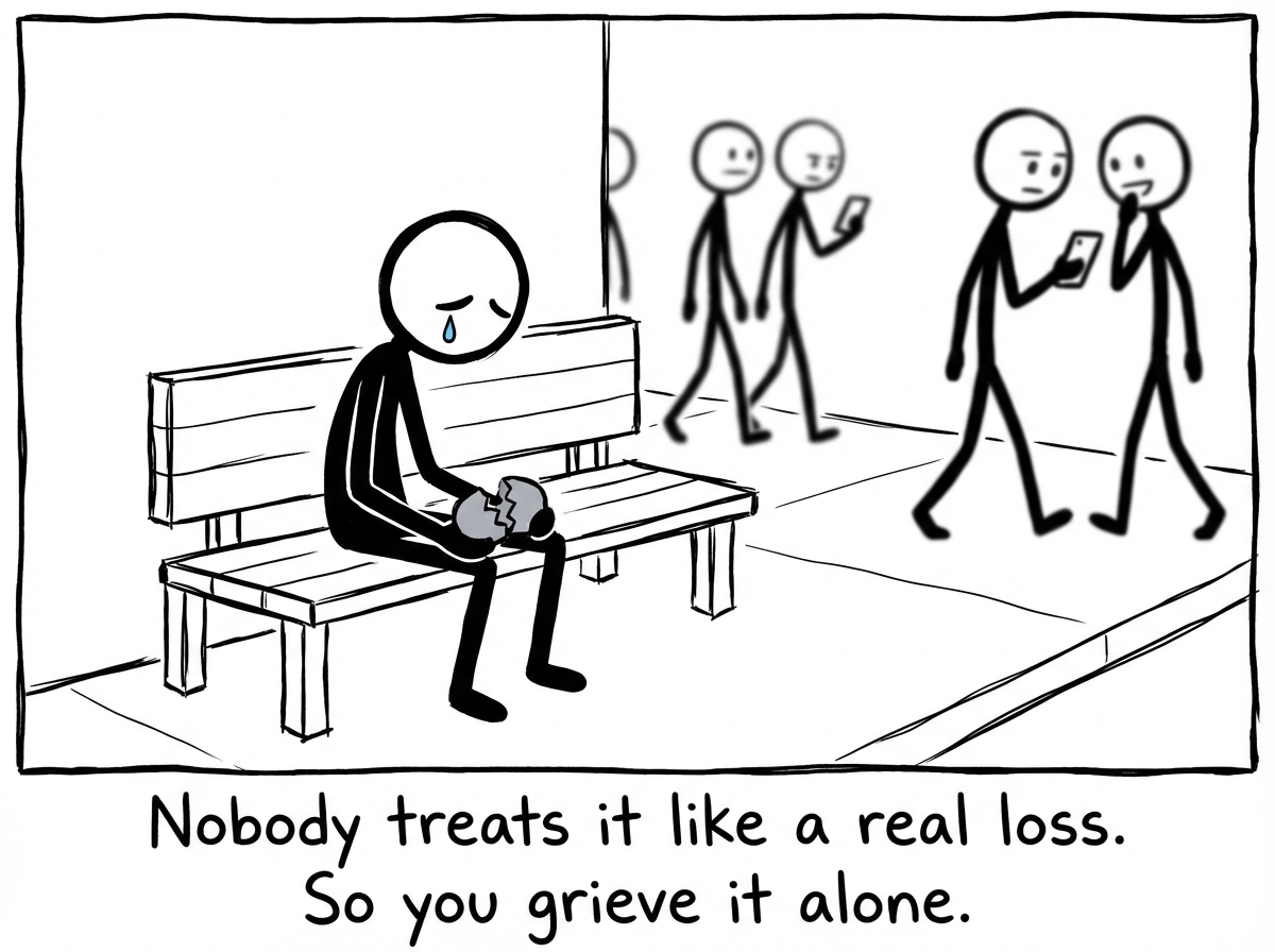 The stick figure sitting alone at a kitchen table, holding their phone showing old text conversations. A thought bubble above reads 'Why does nobody ask how I am doing?' Other stick figures walk past the window, oblivious.