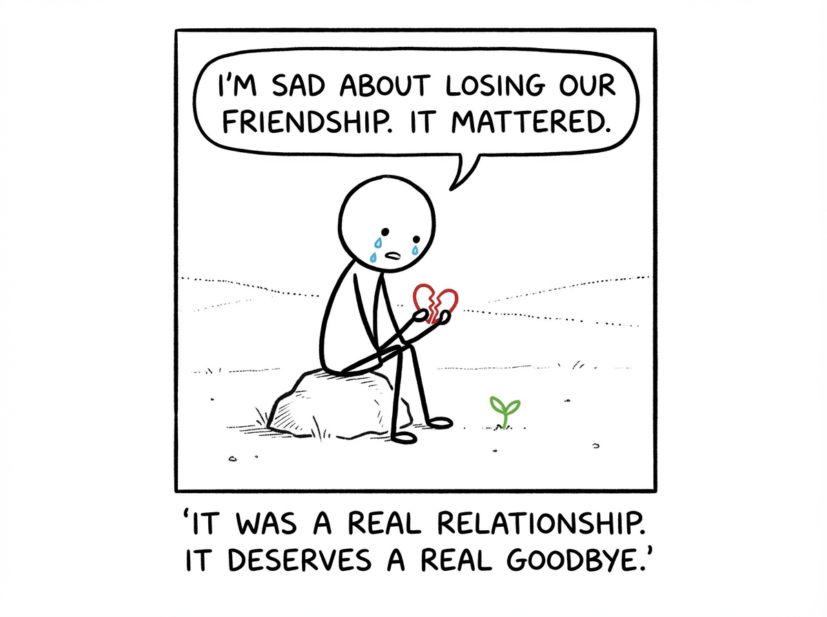 The stick figure placing a small flower on an empty chair where their friend used to sit. Tears on their face but a gentle expression. A speech bubble reads 'This was real. And it is okay to grieve it.' A tiny green sprout grows from the chair.