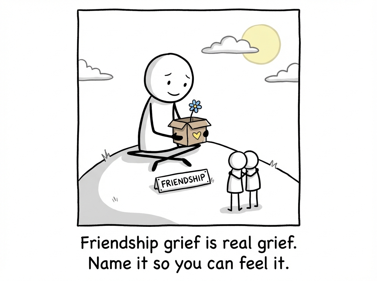 A stick figure writing the words 'This was a real loss' in a journal, underlining it twice, with a relieved expression as if naming the pain finally makes it manageable.