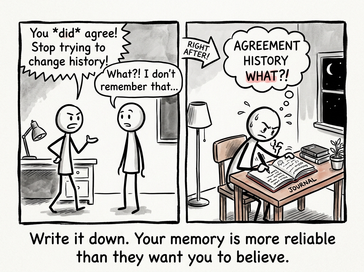 A stick figure writing down what happened in a journal immediately after a conversation, anchoring their own memory